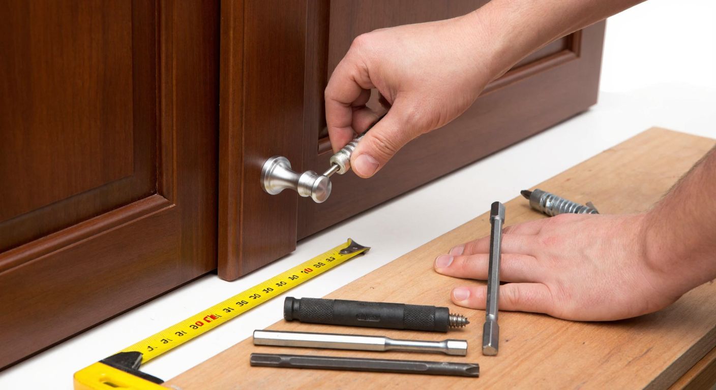 A close-up of a person's hands using a screwdriver to attach a cylindrical furniture handle to a wooden cabinet door, with a measuring tape and drill bits neatly placed on a workbench nearby.