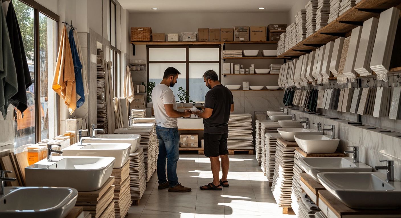 A bustling construction supply store in Adana, with neatly stacked bathroom tiles, sinks, and fixtures under warm sunlight, while a shopkeeper in a casual shirt helps a customer examine a ceramic sample.