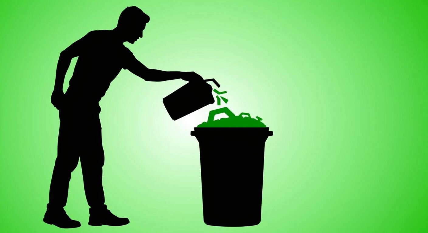 A stylized silhouette of a man tossing waste into a recycling bin, set against a green background, symbolizing environmental awareness and waste separation.
