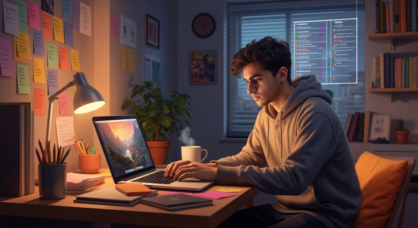 A young Turkish student in a cozy home study, intently typing on a laptop with a Python tutorial open, surrounded by colorful sticky notes and a steaming cup of çay, while a progress chart with milestones like "basic syntax," "web dev," and "machine learning" hangs on the wall.