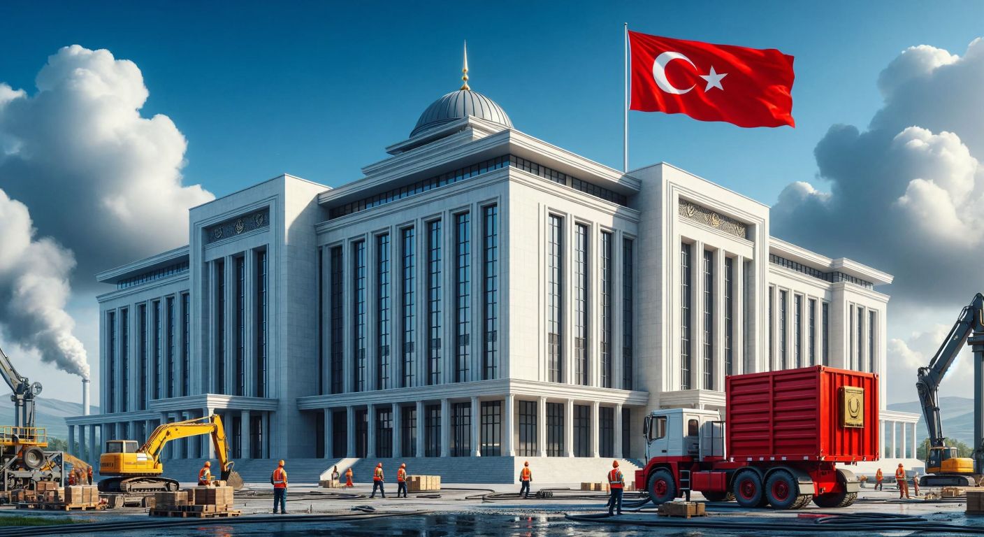 A grand, modern Turkish government building with a Turkish flag flying high, surrounded by industrial machinery and workers in safety gear, symbolizing national ownership and industrial pride.