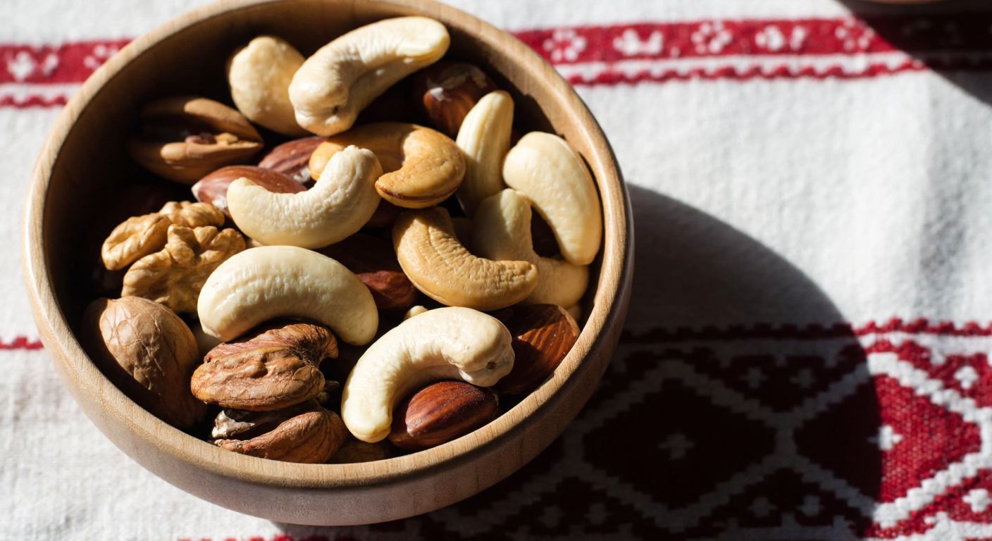 A wooden bowl filled with assorted nuts—walnuts, cashews, pine nuts, and Brazil nuts—resting on a rustic Turkish tablecloth, with sunlight highlighting their textures.