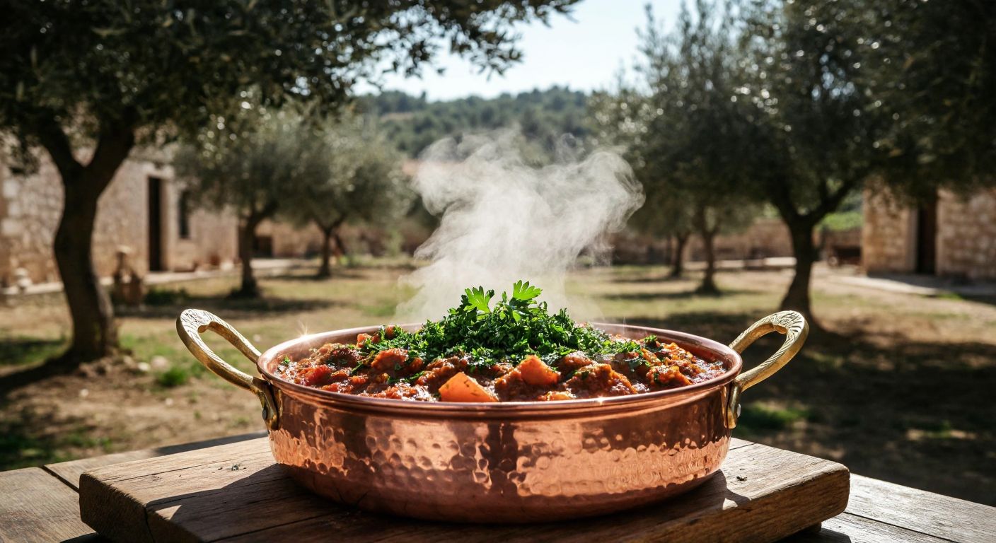 A steaming copper pot filled with aromatic **Arap Tava**, garnished with fresh parsley, set against a rustic wooden table in a sunlit Hatay courtyard with olive trees in the background.