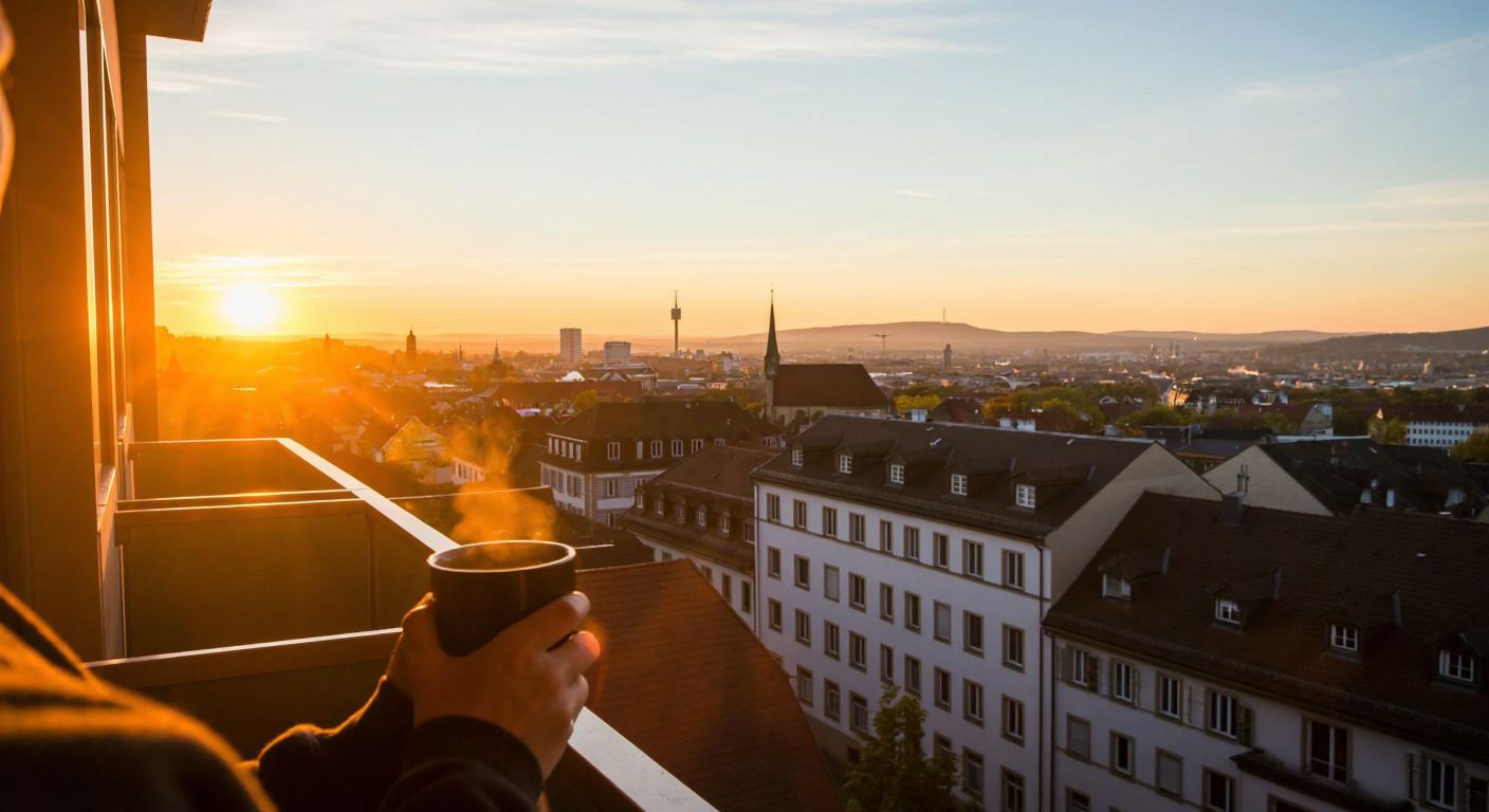 A serene sunrise over Stuttgart’s skyline, with golden light spilling over rooftops and a person gazing out from a balcony, holding a steaming cup of coffee.