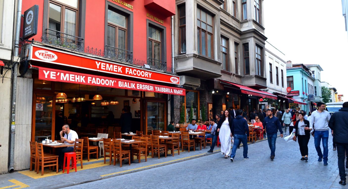 A bustling street in Istanbul's Fatih district, with the Yemek Factory restaurant's vibrant storefront nestled among traditional Turkish buildings, surrounded by locals enjoying steaming plates of kebabs and baklava.