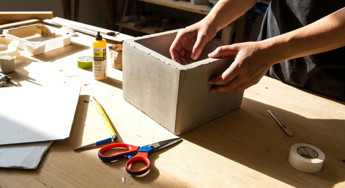 A pair of hands carefully assembling a cardboard mold for a concrete planter, with scattered materials like scissors, glue, and tape on a wooden workbench in a sunlit Turkish workshop.