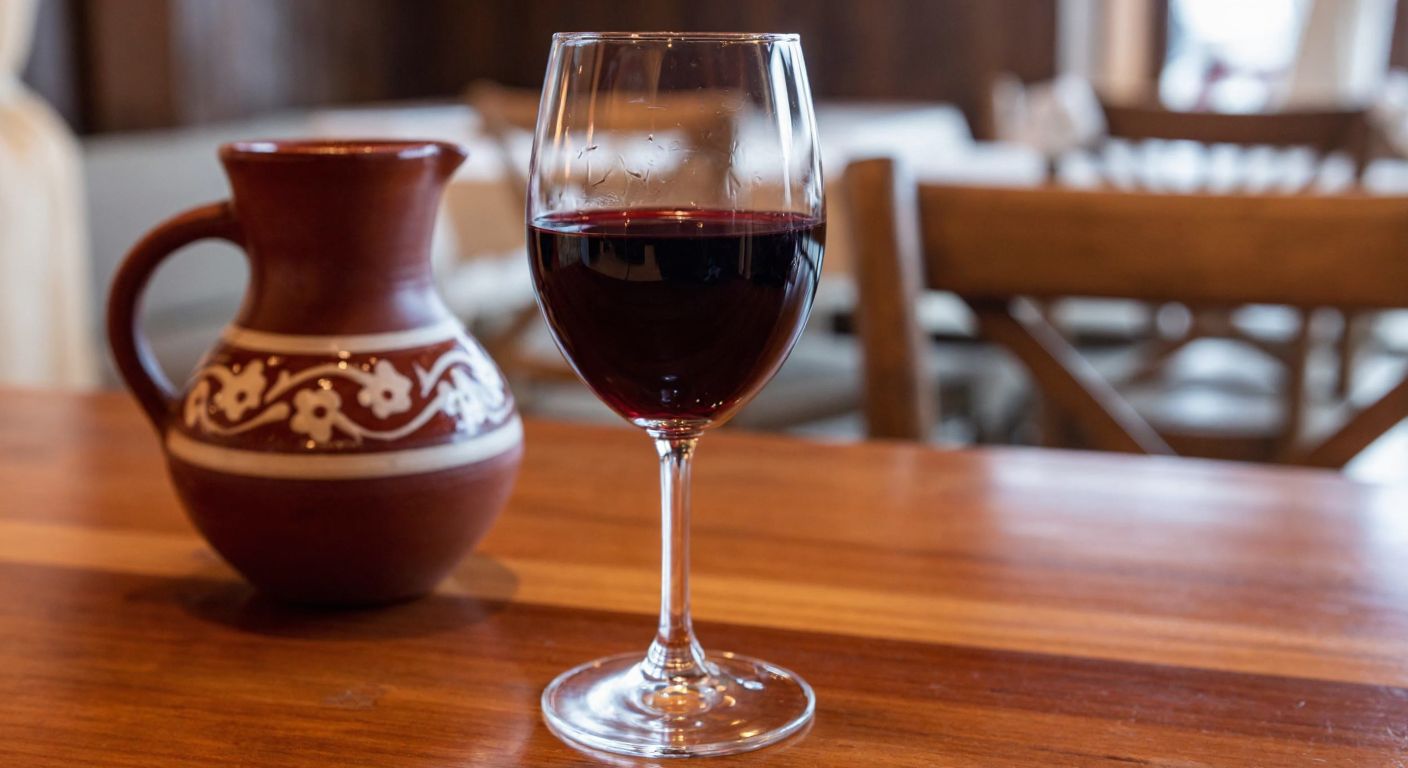 A clear wine glass filled with deep red wine sits on a rustic wooden table in a cozy Turkish tavern, with a traditional ceramic pitcher nearby.