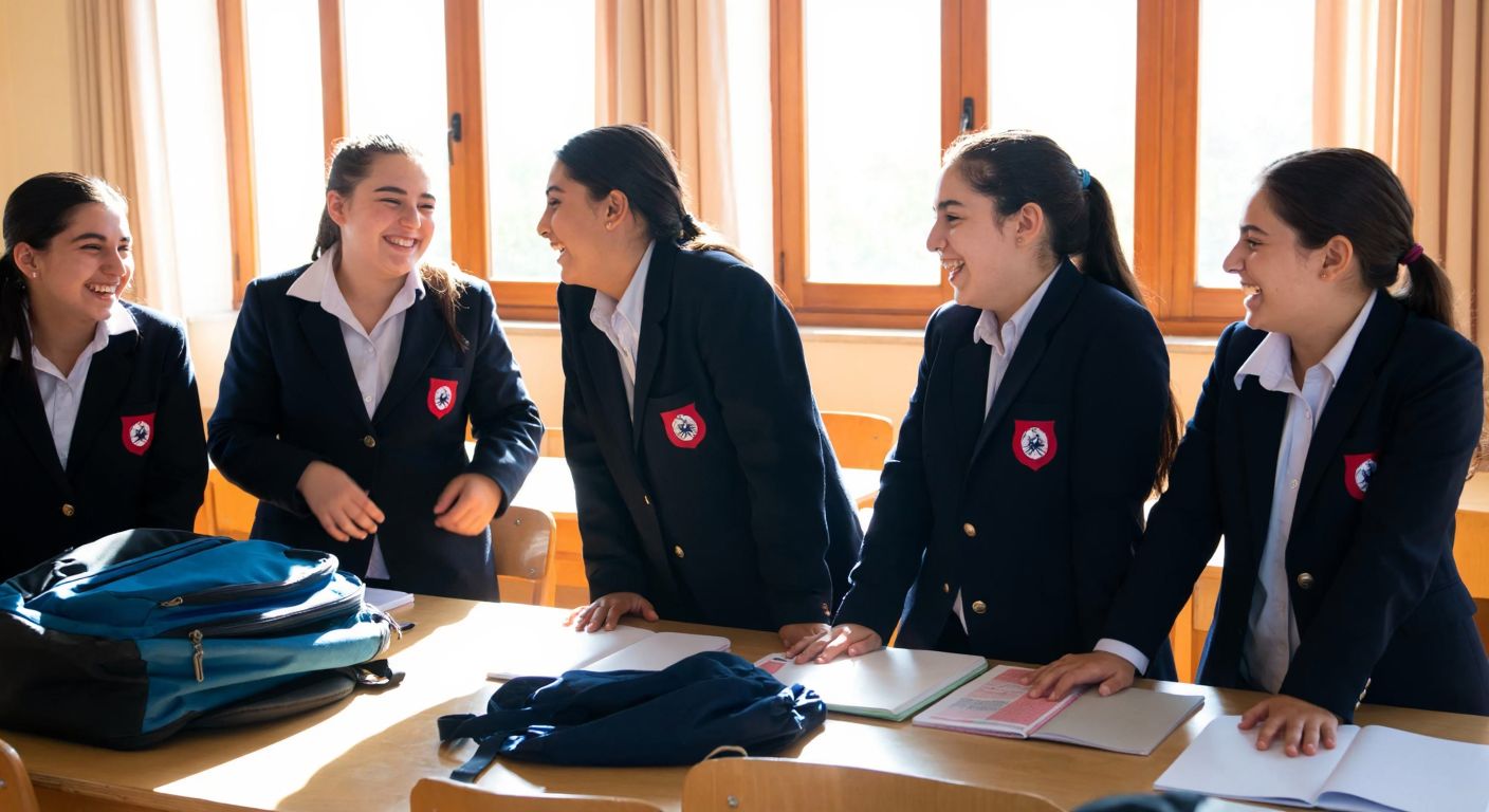 A group of cheerful high school girls in Turkish school uniforms, laughing together in a sunlit classroom, with backpacks and notebooks scattered around.