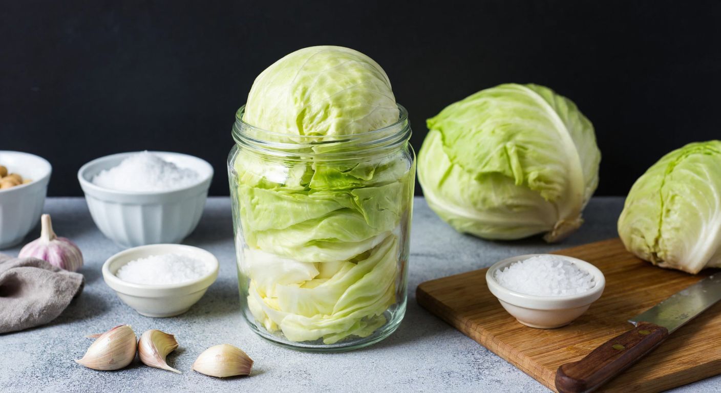 A Turkish kitchen counter with fresh, crisp green cabbages, thinly sliced and layered in a glass jar alongside garlic cloves and chickpeas, surrounded by bowls of sea salt and a wooden cutting board with a knife.