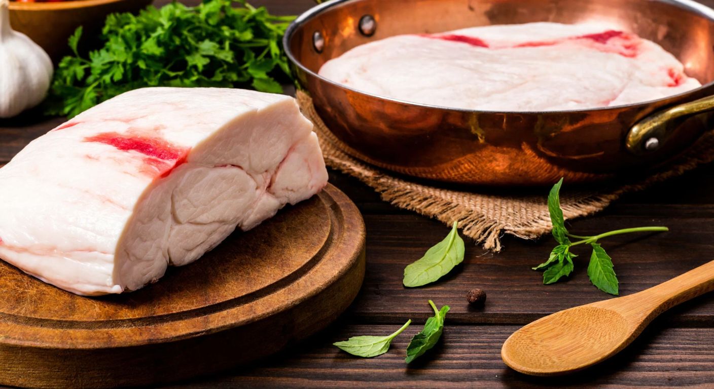 A rustic Turkish kitchen scene with a butcher’s block holding a freshly cut slab of creamy-white tail fat (kuyruk yağı) next to a sizzling copper pan, surrounded by fresh herbs and a traditional wooden spoon.
