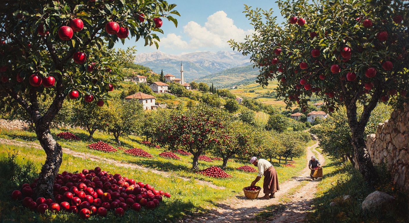 A sunlit Turkish village landscape with lush orchards of apple, walnut, and cherry trees, their branches heavy with ripe fruit, and a farmer in traditional rural attire carefully harvesting the bounty.