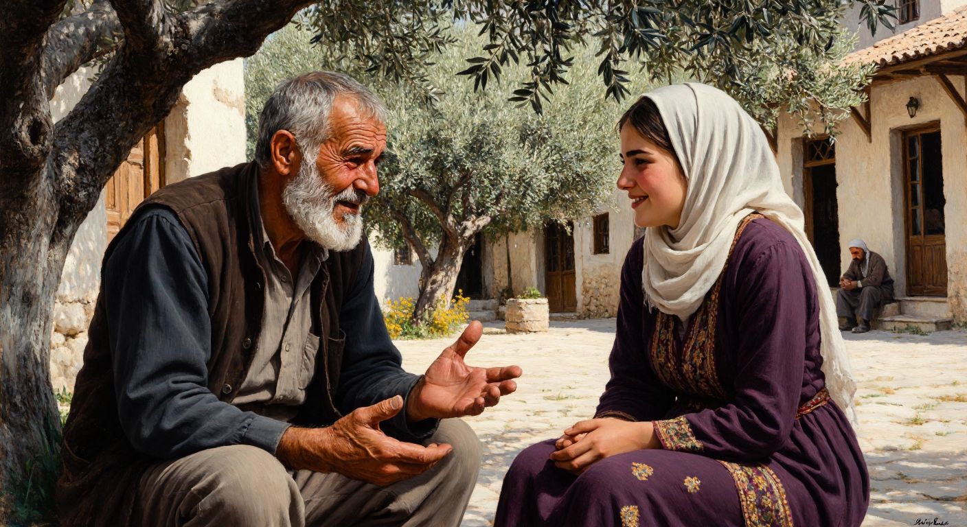 An elderly Turkish man with a kind expression and a white beard leans forward, gesturing warmly as he shares wisdom with a young woman in traditional clothing, seated under the shade of an olive tree in a sunlit village square.