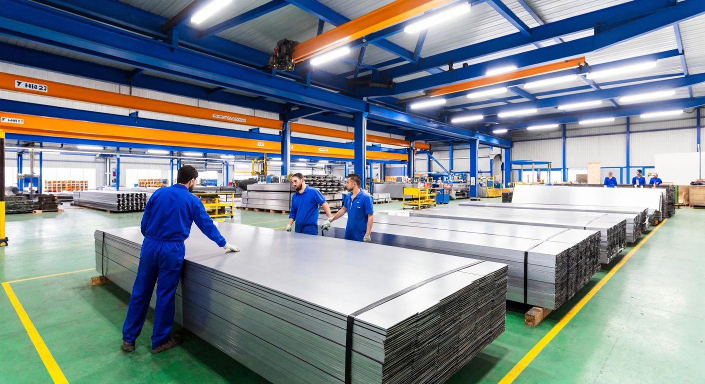 A modern industrial factory in Bursa with stacks of gleaming metal sheets and precision-cut pipes, surrounded by workers in blue overalls inspecting machinery under bright fluorescent lights.