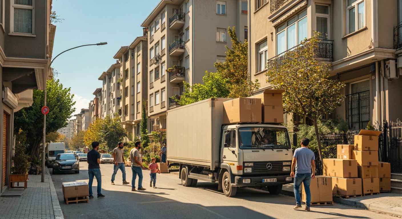 A bustling street in Kadıköy with a moving truck parked outside an apartment building, workers carrying boxes and furniture, and a family watching anxiously as their belongings are loaded, under the warm glow of the afternoon sun.