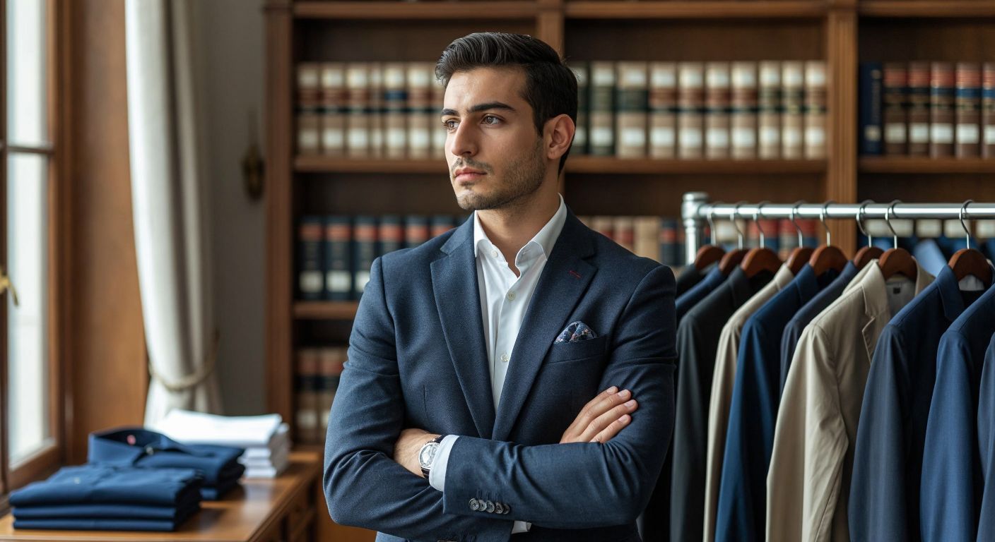 A well-dressed Turkish businessman in a sleek office gazes thoughtfully at a rack of high-end clothing brands like Pierre Cardin and U.S. Polo Assn., with a faint backdrop of legal documents symbolizing the company's transition.