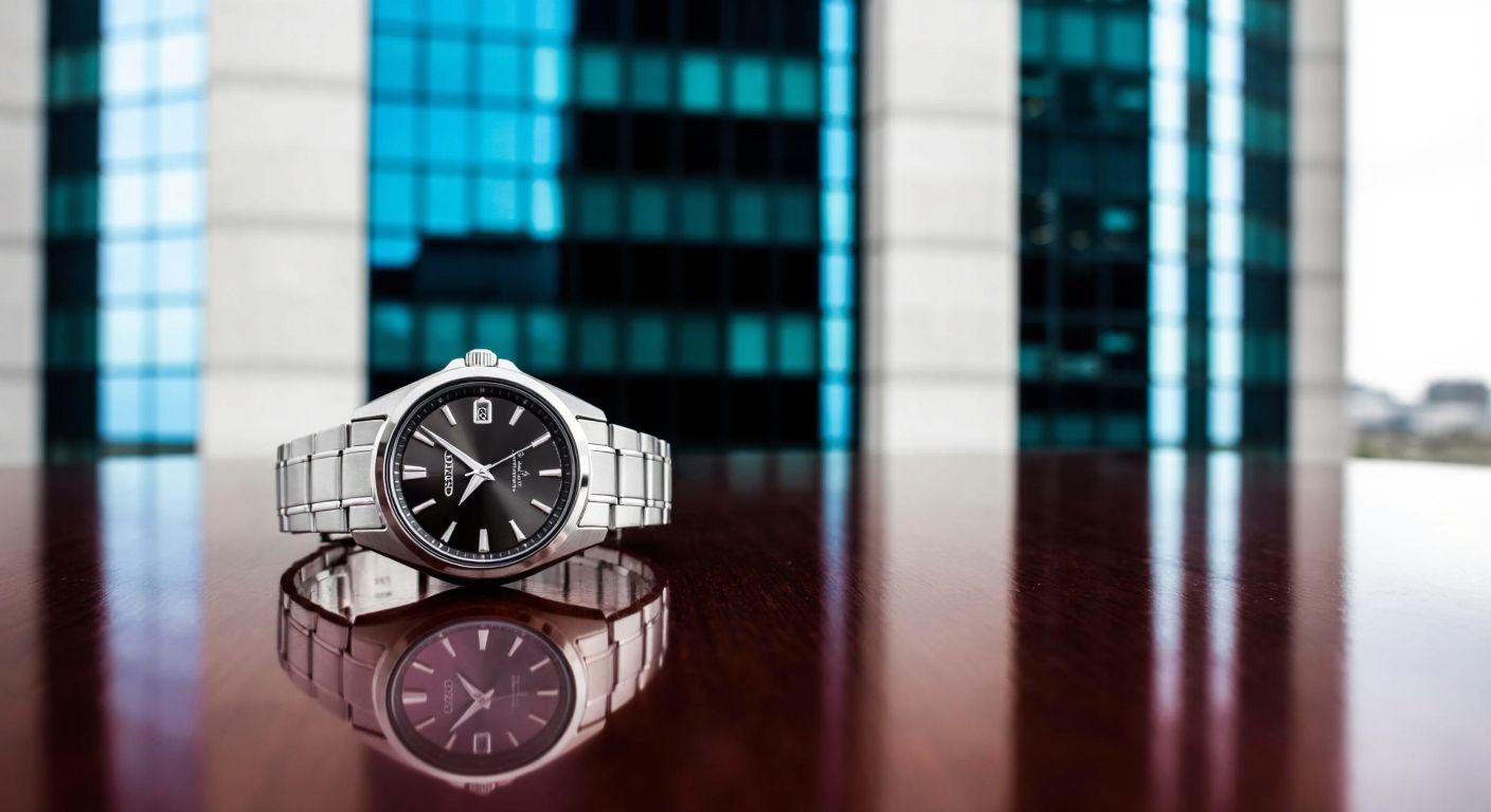 A sleek, silver Seiko watch resting on a polished wooden table, with a modern corporate building reflected in its glossy surface.