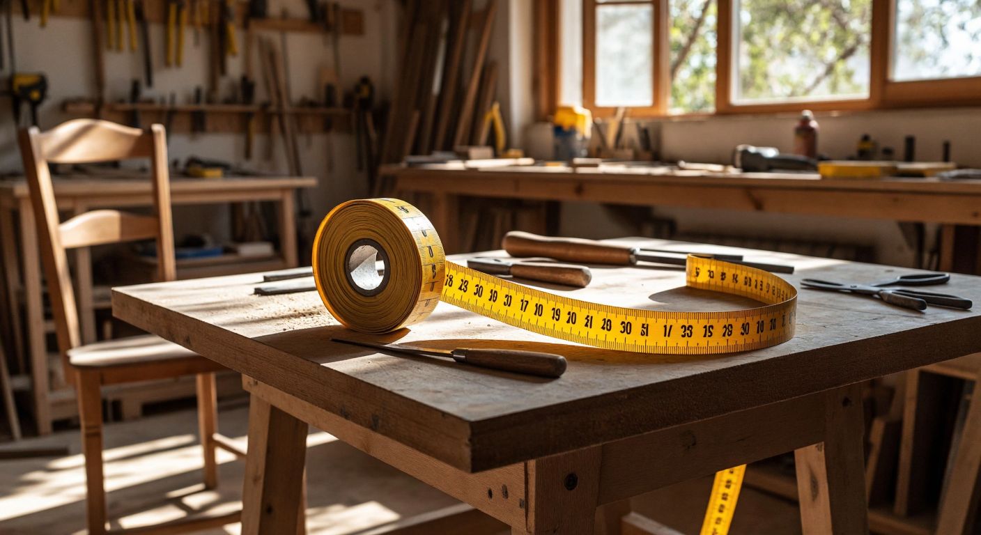 A sturdy yellow tape measure lies unrolled on a wooden workbench in a sunlit Turkish workshop, surrounded by scattered carpentry tools and a half-finished wooden chair.