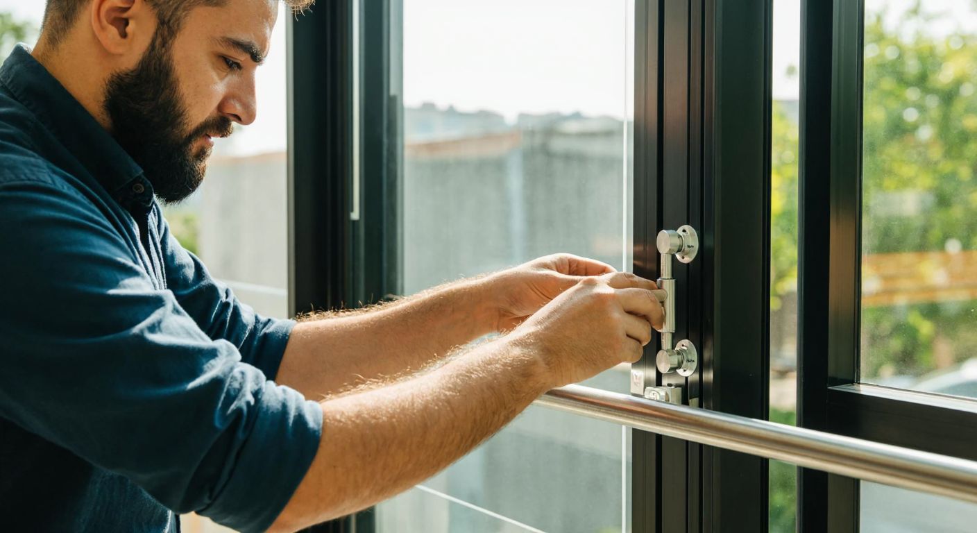 A close-up of a skilled Turkish craftsman in a workshop, carefully adjusting the wheels and seals of a sleek, modern folding glass balcony system, with sunlight reflecting off the glass panels.