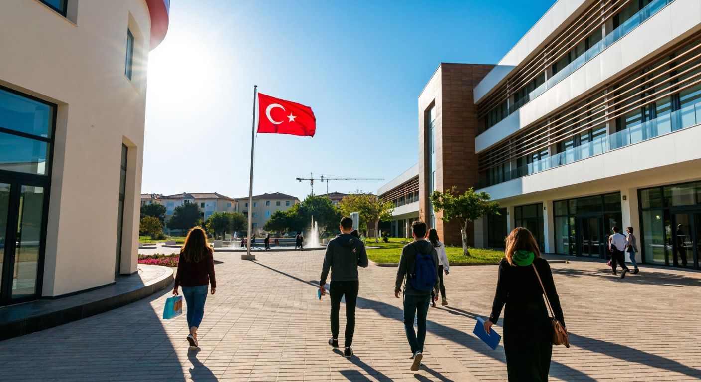 A sunlit university courtyard in Çanakkale, with students carrying books near a modern faculty building, while a Turkish flag flutters gently in the background.