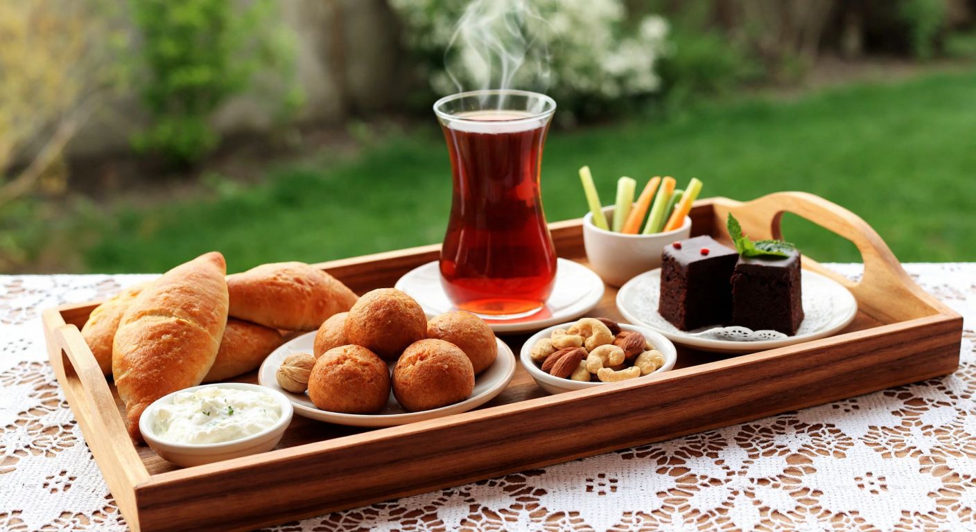 A wooden tray holds a steaming glass of Turkish tea surrounded by poğaça, börek, fresh vegetable sticks with yogurt dip, assorted nuts, and small plates of cookies and chocolate cake, all arranged on a lace tablecloth in a sunlit garden.