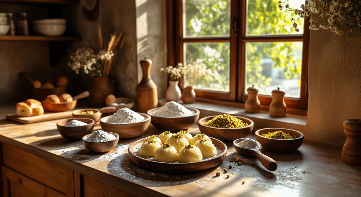 A warm, sunlit Turkish kitchen with a wooden table covered in bowls of flour, sugar, and melted butter, alongside a rolling pin and a plate of golden, thread-like pişmaniye topped with crushed pistachios.
