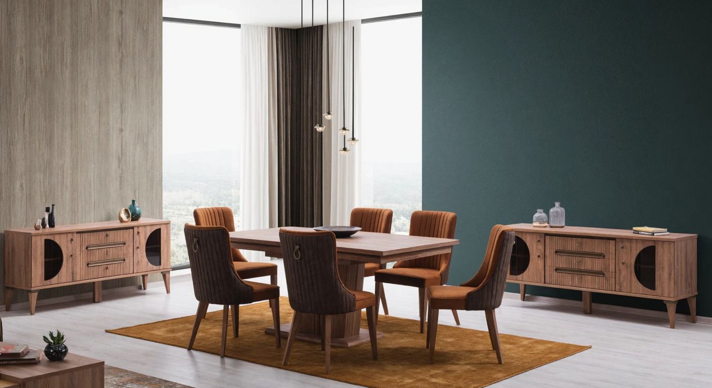 A modern Turkish dining room with a wooden table surrounded by chairs and a matching console table nearby, all in warm earthy tones, conveying harmony and style.