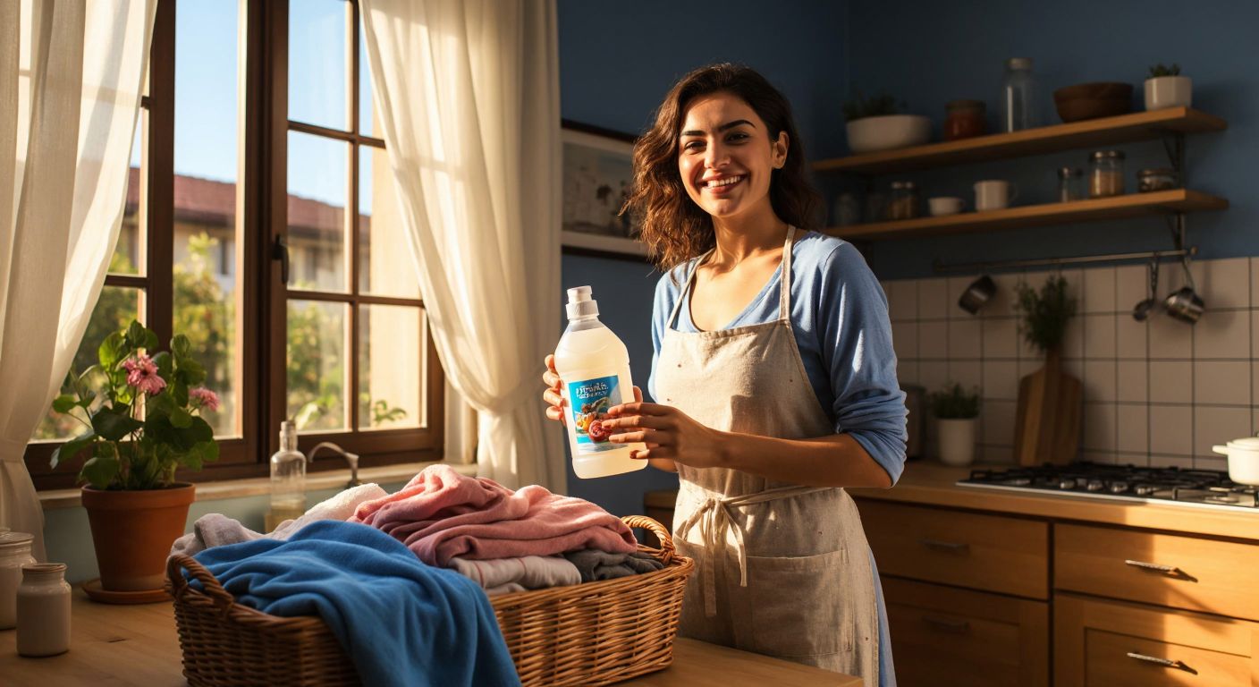 A smiling Turkish woman in a bright, sunlit kitchen holds a bottle of Feradisin laundry detergent while neatly folded, colorful clothes sit in a basket beside her.