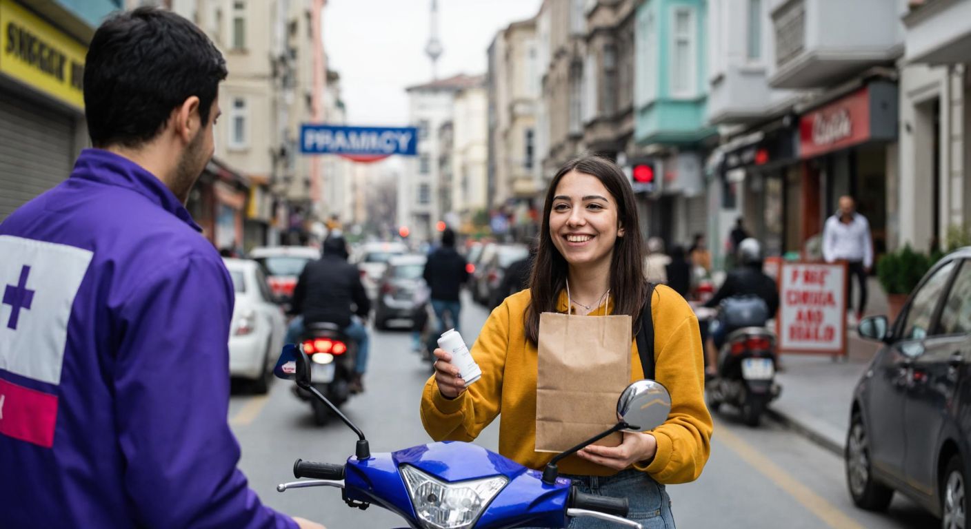 A young woman in Istanbul smiles while receiving a small paper pharmacy bag from a Getir delivery rider on a scooter, with a bustling city street and a pharmacy sign in the background.