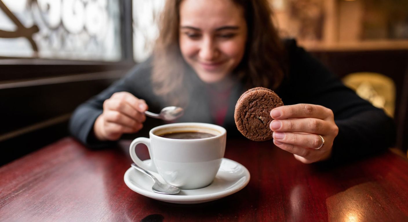 A person in a cozy Turkish café hesitantly holding a chocolate cookie while a steaming cup of black coffee sits nearby, their expression torn between indulgence and restraint.