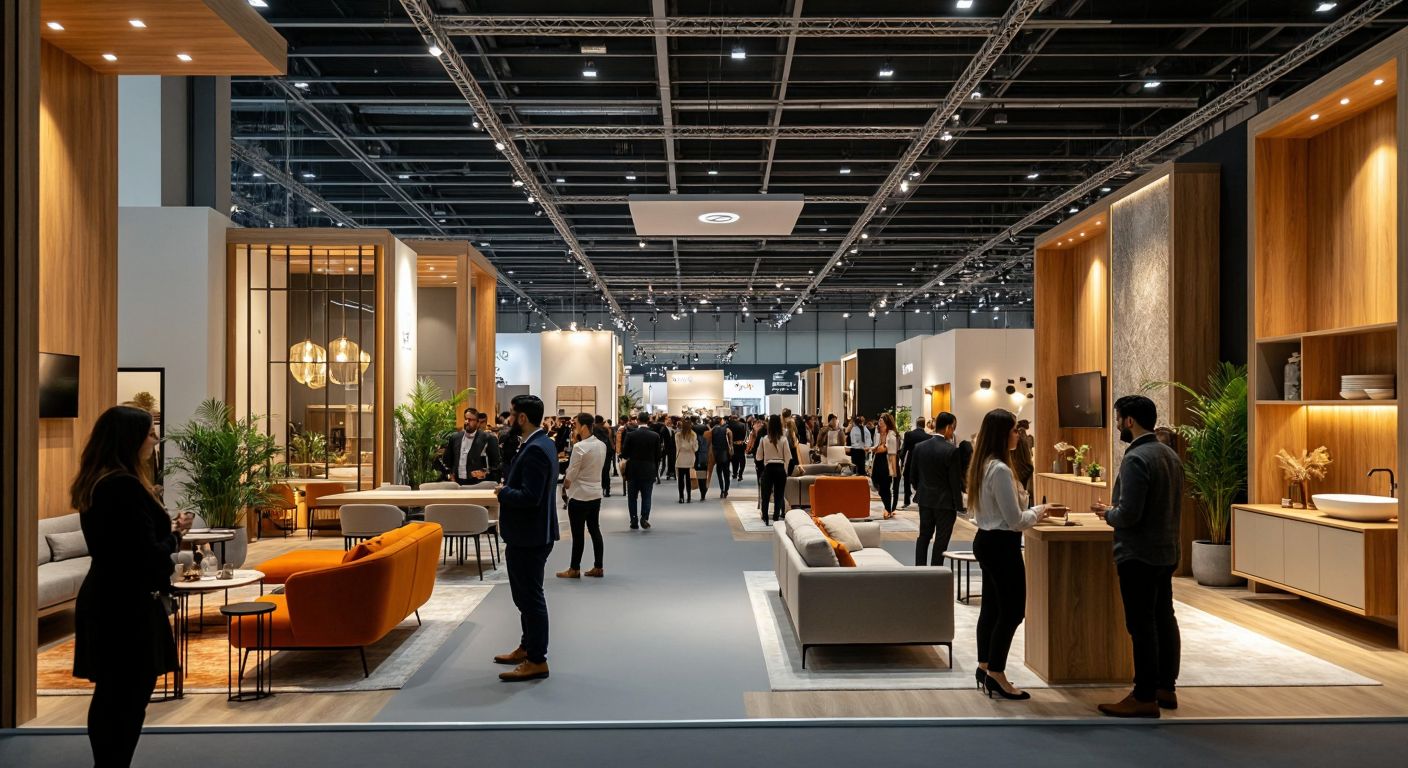 A bustling exhibition hall in Istanbul filled with modern furniture displays, Turkish vendors in smart attire engaging with international visitors, and warm lighting highlighting sleek wooden designs.