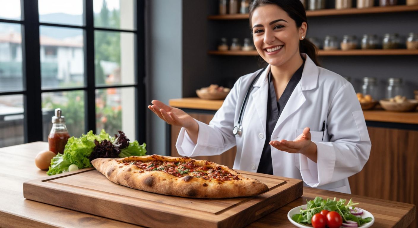A warm, golden-brown pide sits on a wooden cutting board beside a fresh salad, with a Turkish dietician in a white coat smiling and gesturing toward balanced portions.