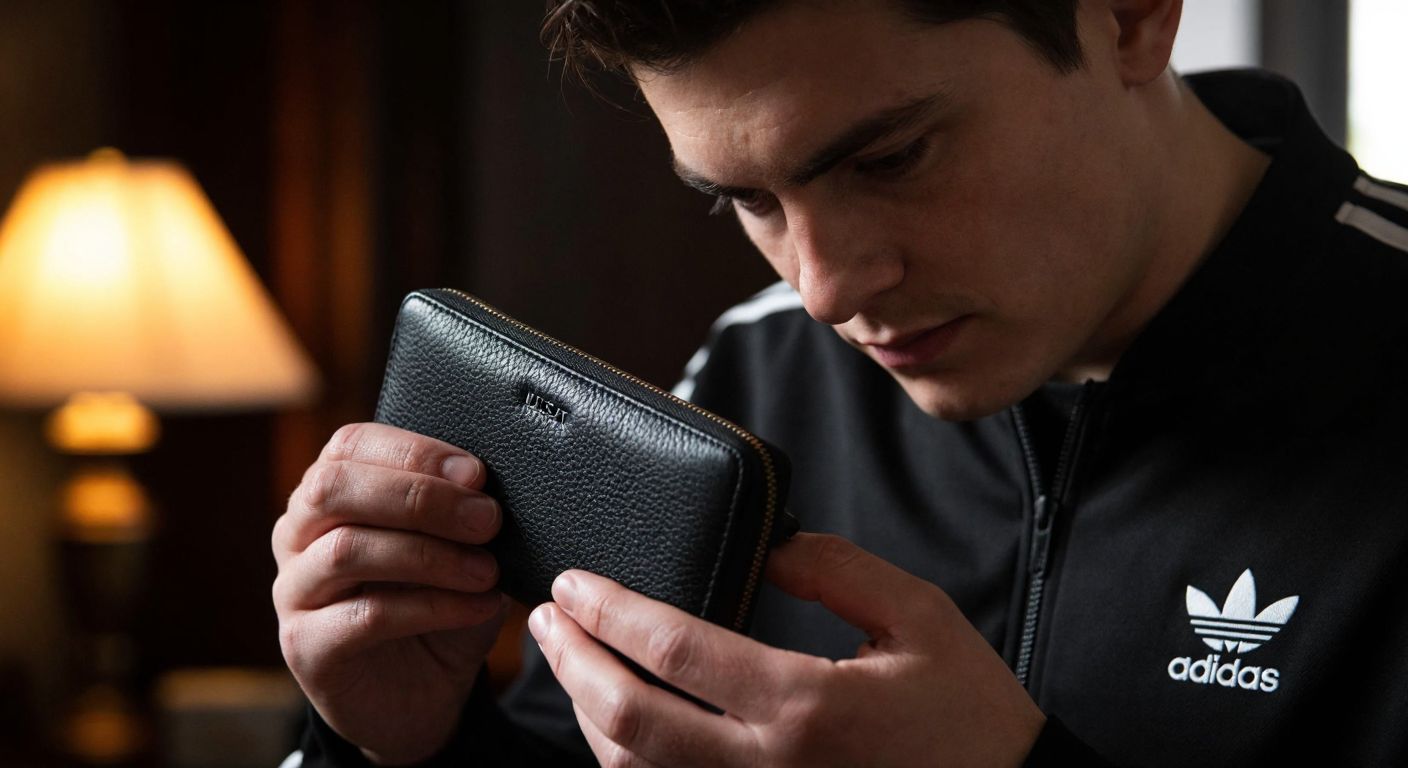A close-up of a person’s hands carefully inspecting a sleek black Adidas wallet, checking the stitching and logo under warm indoor lighting, with a focused and slightly skeptical expression.