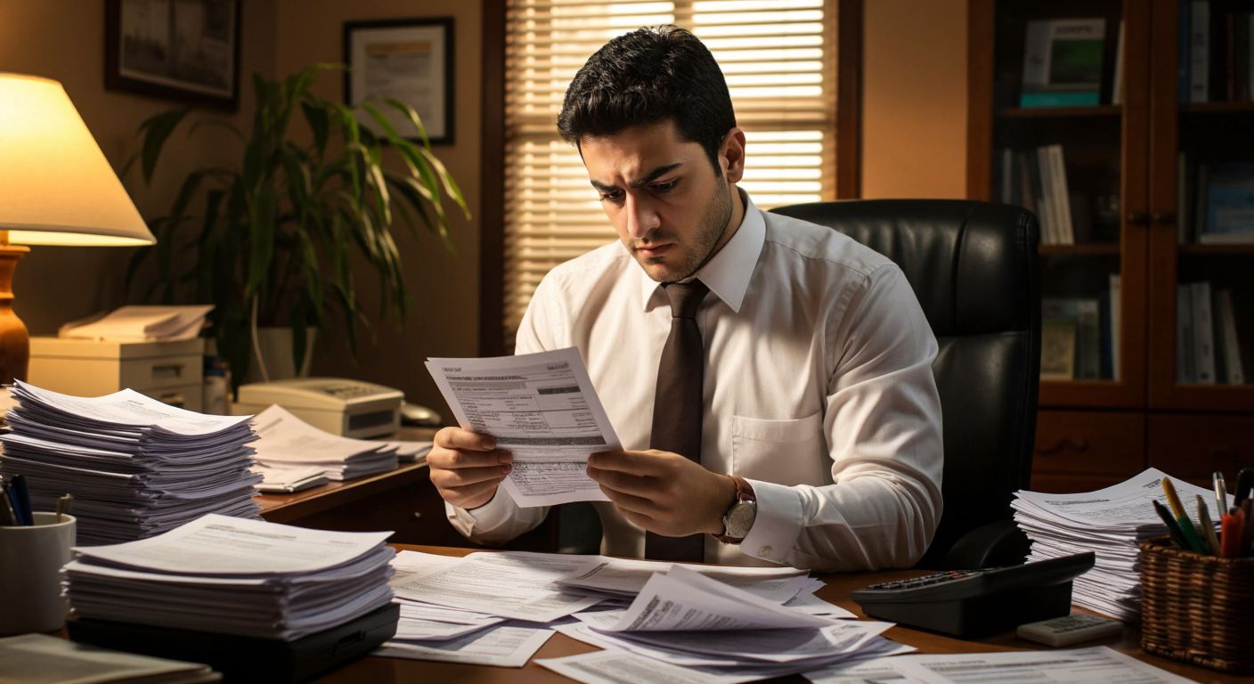 A Turkish accountant in a small office with stacks of receipts, a calculator, and a neatly organized desk, carefully examining a retail receipt while frowning in concentration.