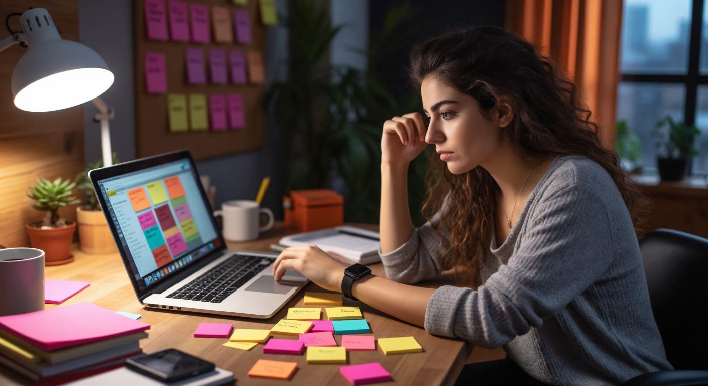 A Turkish blogger at a wooden desk, thoughtfully organizing colorful sticky notes labeled with keywords, with a laptop displaying a blog post draft in the background.
