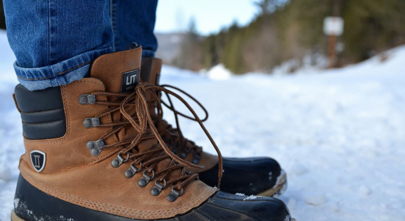 A close-up of a pair of rugged winter boots with a distinct "LT" badge seamlessly embedded on the left heel, thick laces neatly tied, resting on a snowy trail in a Turkish mountain village.