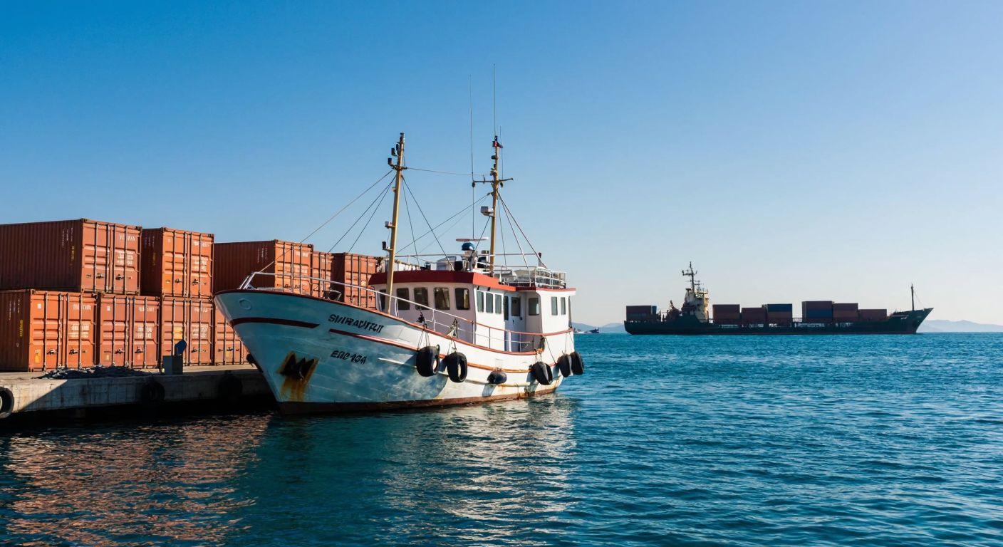 A sunlit Turkish harbor with a sturdy fishing boat, stacked cargo containers, and a distant ship, all under a clear blue sky, symbolizing maritime insurance protection.