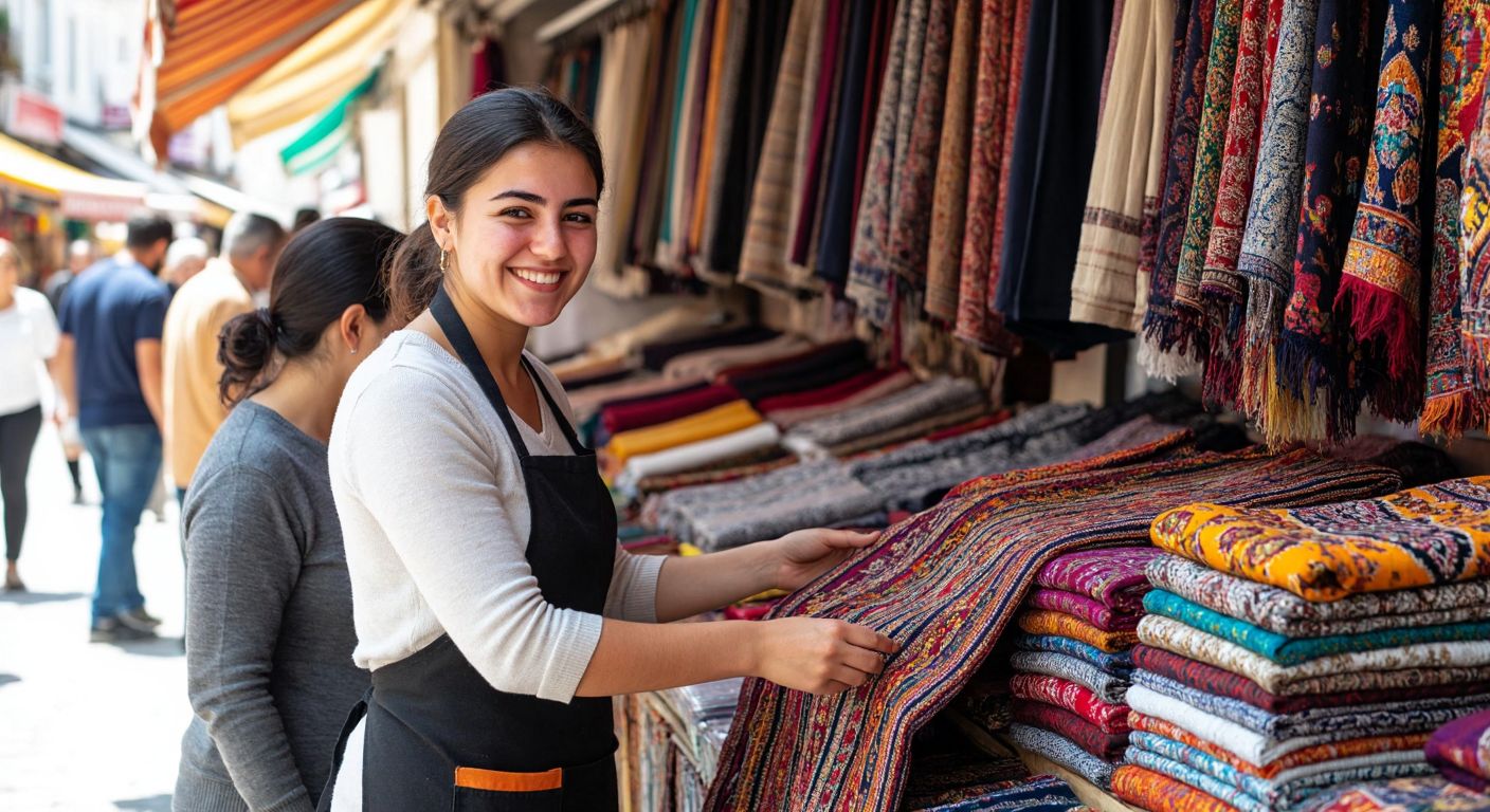 A smiling salesperson in a bright Turkish bazaar stall, neatly arranging colorful textiles while assisting a curious customer.