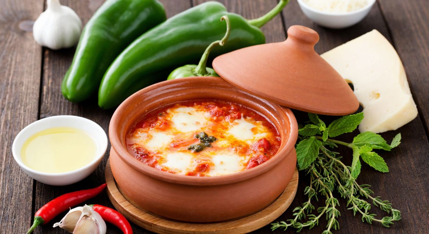 A rustic Turkish kitchen with a steaming clay pot of sütlü biber, surrounded by fresh green peppers, grated kaşar cheese, a small bowl of olive oil, and sprigs of thyme and mint on a wooden table.