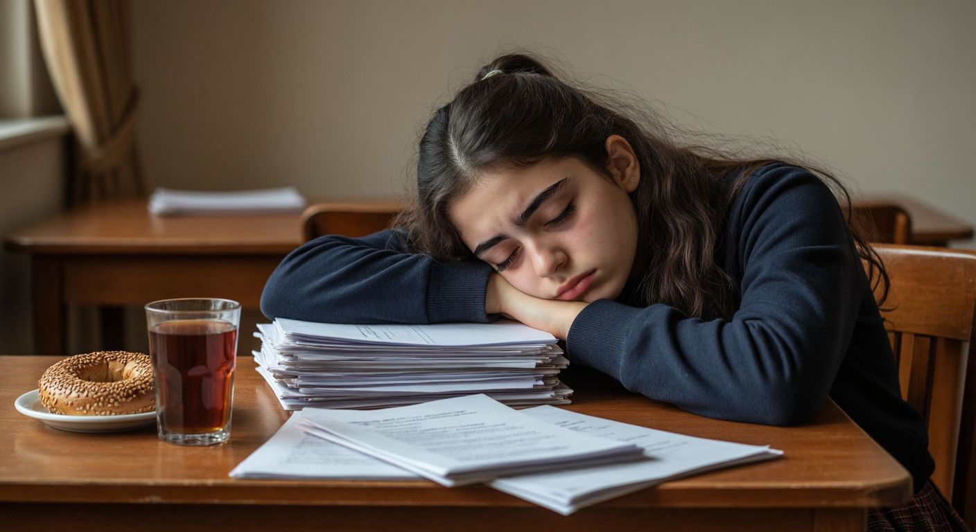 A tired Turkish student in a school uniform sits at a wooden desk, resting their head on a stack of exam papers, with a traditional glass of çay and a simit on the side.