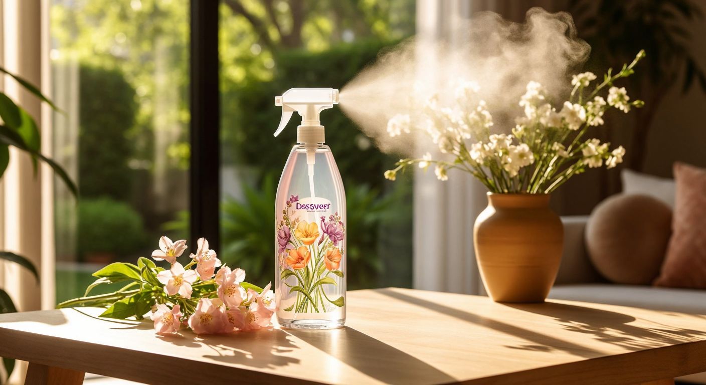 A sleek, translucent Discover room spray bottle with a floral design sits on a sunlit wooden table in a bright Turkish living room, surrounded by fresh spring flowers and a gentle mist dispersing a refreshing scent.