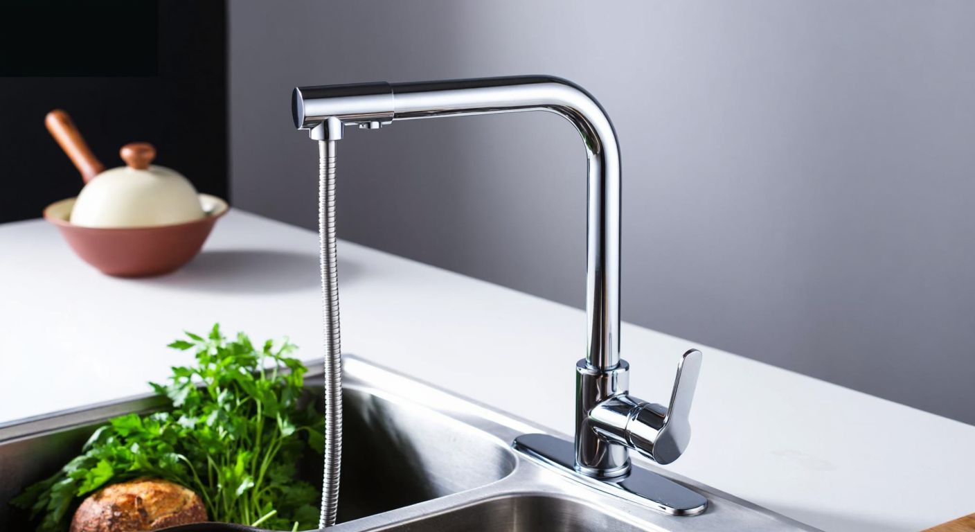 A sleek, chrome-plated kitchen faucet with a long, straight spout and a flexible coiled hose, mounted on a modern stainless steel sink in a sunlit Turkish kitchen, with fresh herbs and a ceramic bowl nearby.