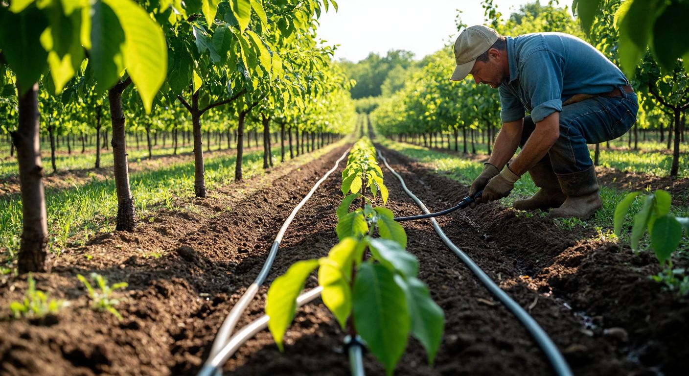 A sunlit walnut orchard in spring, with rows of young green walnut trees and a farmer carefully adjusting a drip irrigation system, while fresh water droplets glisten on the leaves and soil.