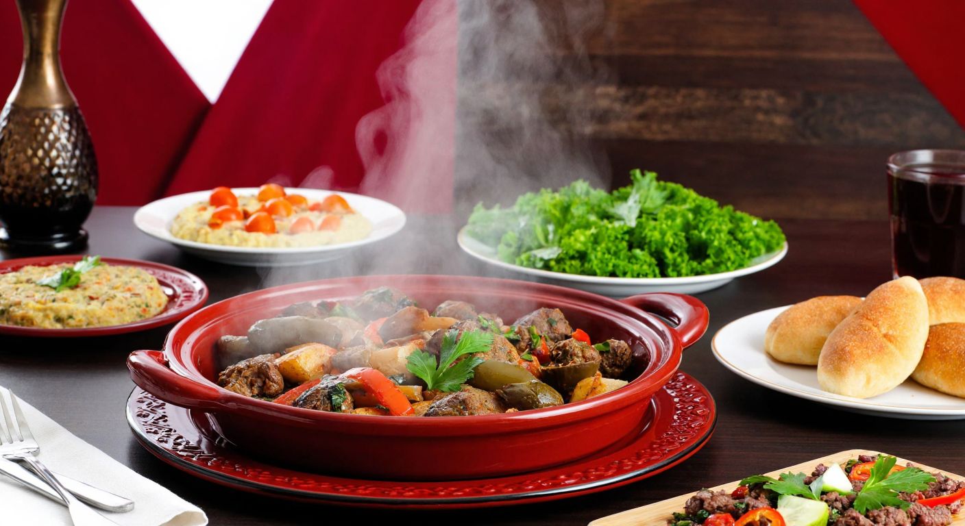 A traditional Turkish dining table set with a rubber-lidded serving dish steaming with hot food, surrounded by colorful meze plates and fresh bread, evoking warmth and hospitality.