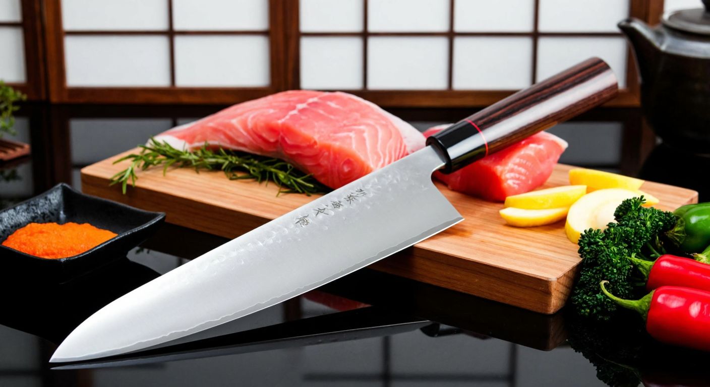 A polished Japanese chef's knife rests on a wooden cutting board beside fresh fish and vegetables, with a traditional Japanese kitchen backdrop.