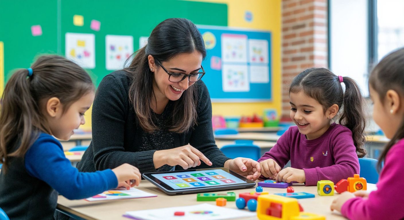 A cheerful Turkish teacher in a bright classroom guides young students through colorful, interactive word-matching activities on a tablet, surrounded by eager faces and scattered educational toys.
