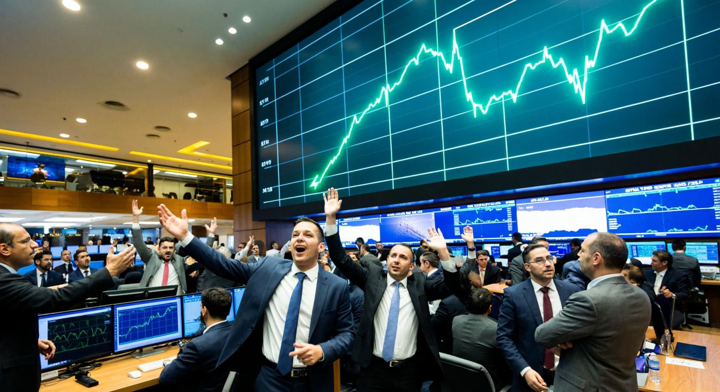 A bustling Istanbul stock exchange floor with traders in suits gesturing animatedly, while a glowing green arrow rises over a graph in the background, symbolizing growing fund flows.