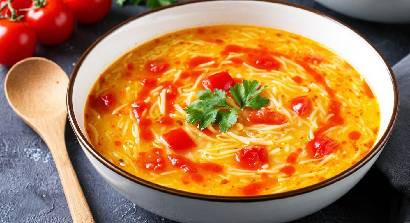 A steaming bowl of golden tel şehriye çorbası with vibrant red tomato pieces and a swirl of tomato paste, garnished with fresh parsley, resting on a rustic Turkish kitchen table with a wooden spoon beside it.