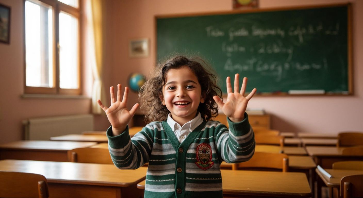 A cheerful child in a Turkish classroom holds up six fingers with a bright smile, while a teacher nods approvingly beside a chalkboard.