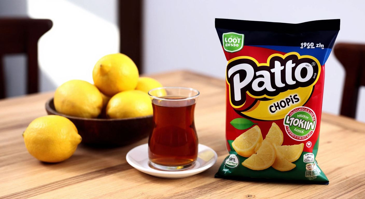 A colorful bag of Patito-branded spoon chips sits on a wooden table in a Turkish home, with a bowl of fresh lemons and a glass of çay beside it, evoking a cozy, local snack-time atmosphere.