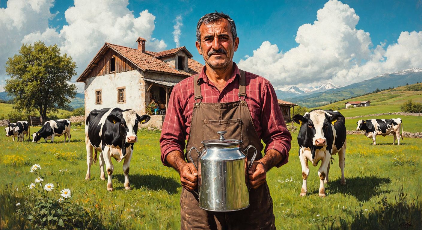 A middle-aged Turkish man with a proud expression stands in front of a rustic farm building, holding a gleaming metal milking machine, surrounded by dairy cows grazing on lush green pastures.